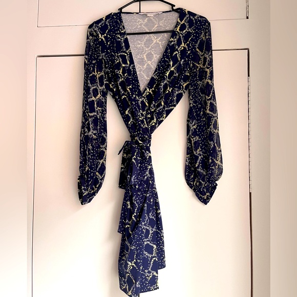 DVF Diane von Furstenberg blue print wrap dress sheer sleeves 6 - Picture 2 of 8